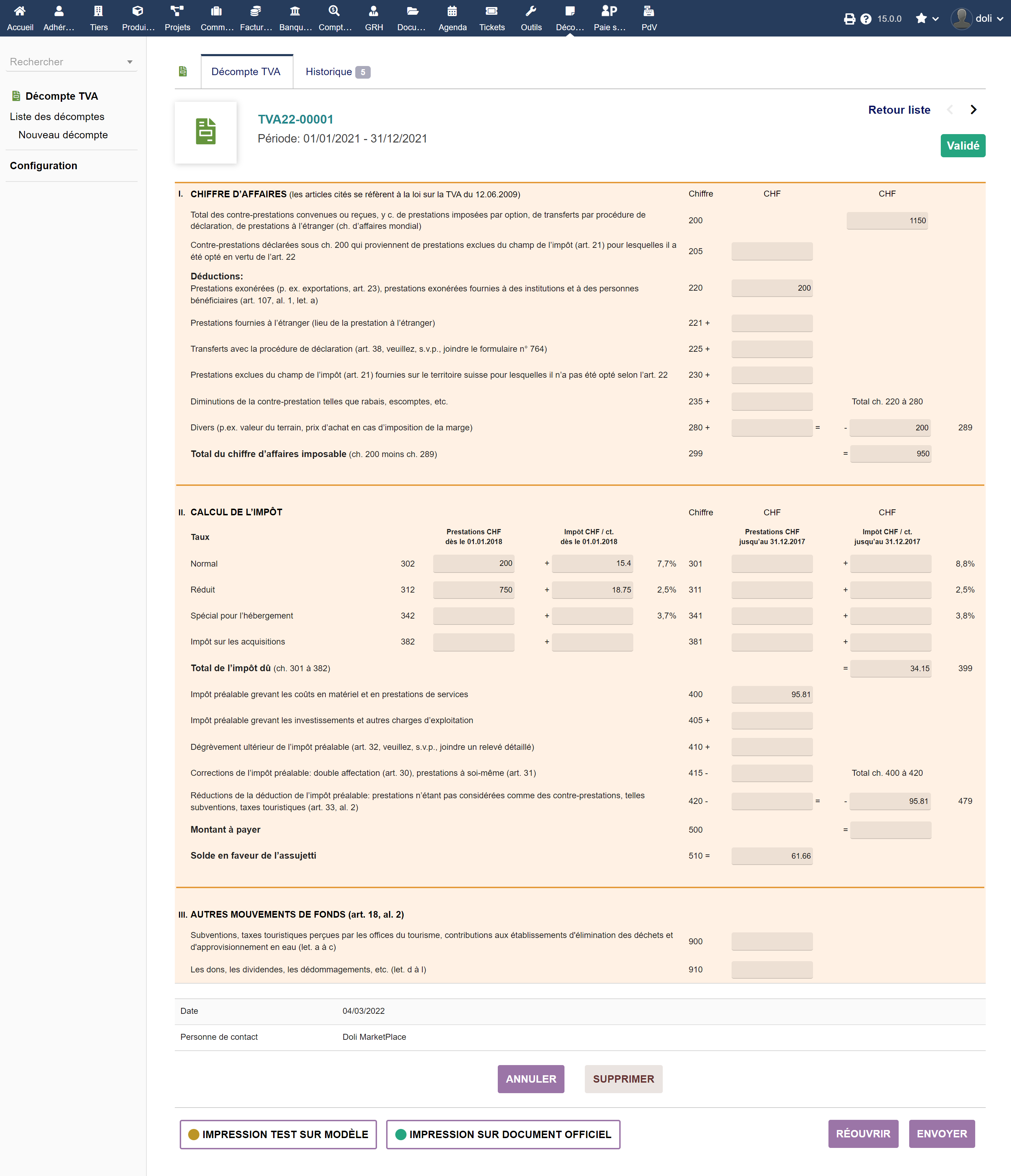 Dolibarr VAT Statement Module for Switzerland - Dolibarr MarketPlace