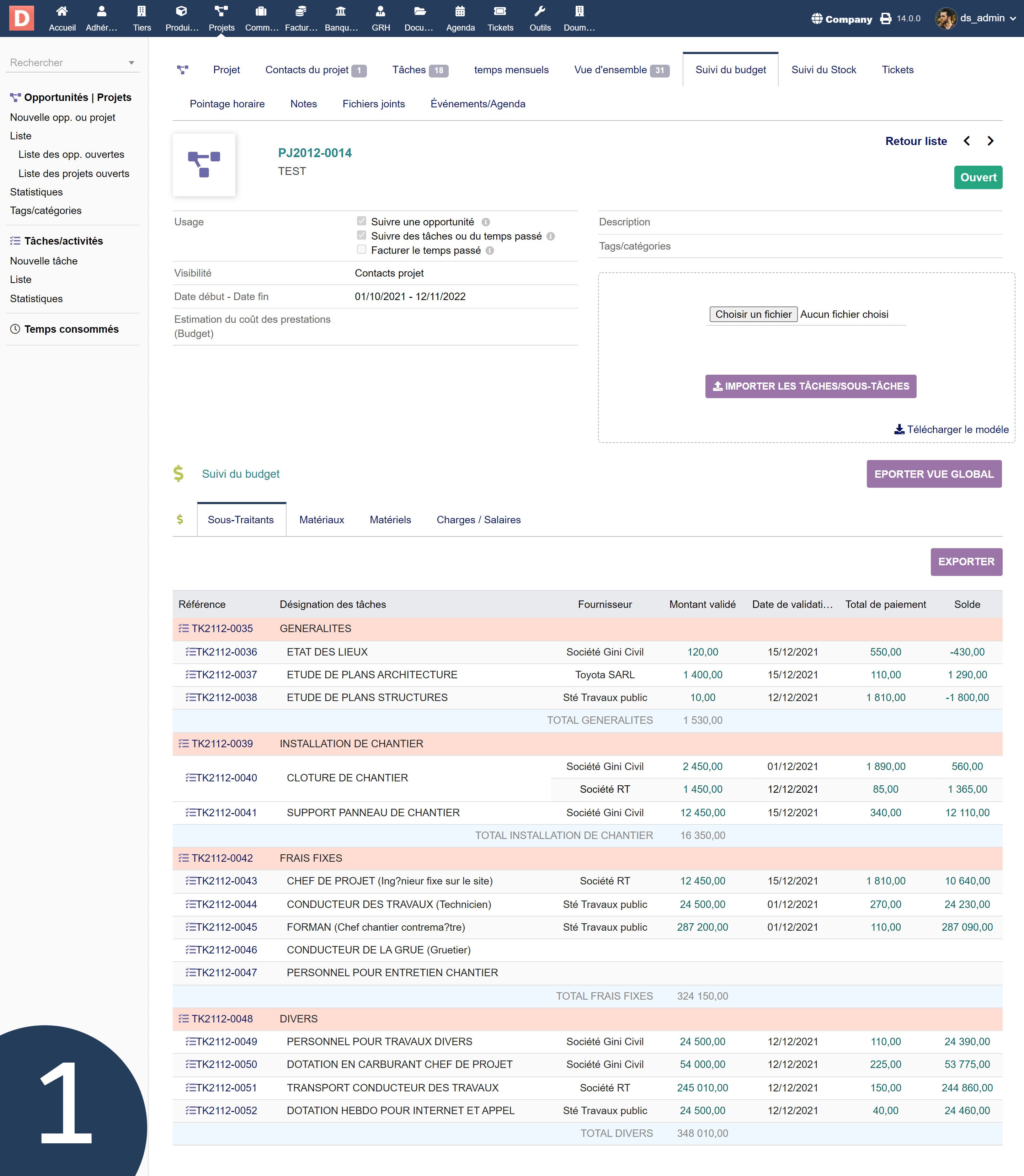 BTP project budget monitoring - Dolibarr MarketPlace